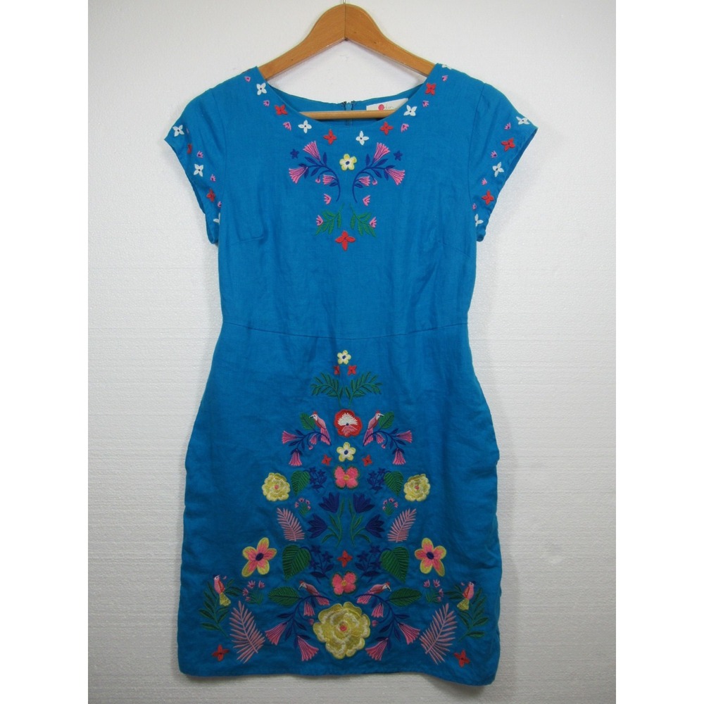 Boden Heavily Embroidered Linen Sheath Dress Petite 4P Blue Pockets Laura